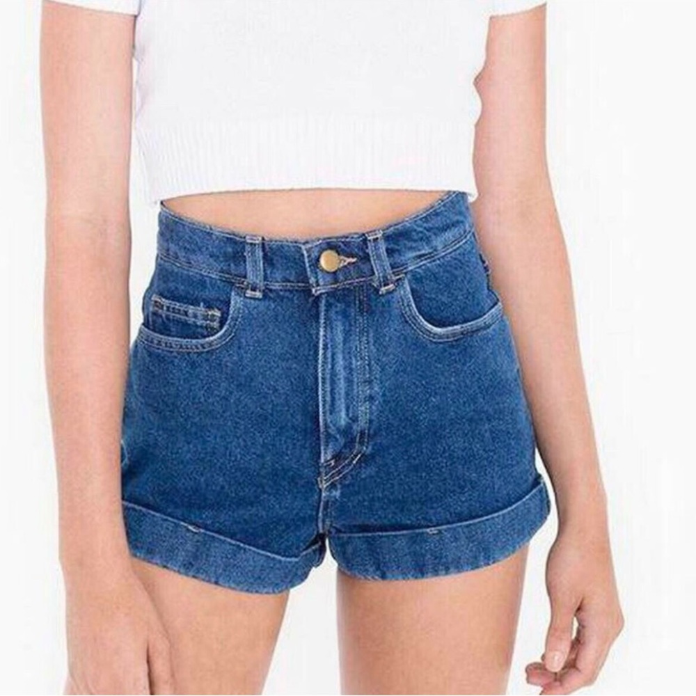 American Apparel HighWaist Cuff Shorts dark wash indigo. Size 28. New